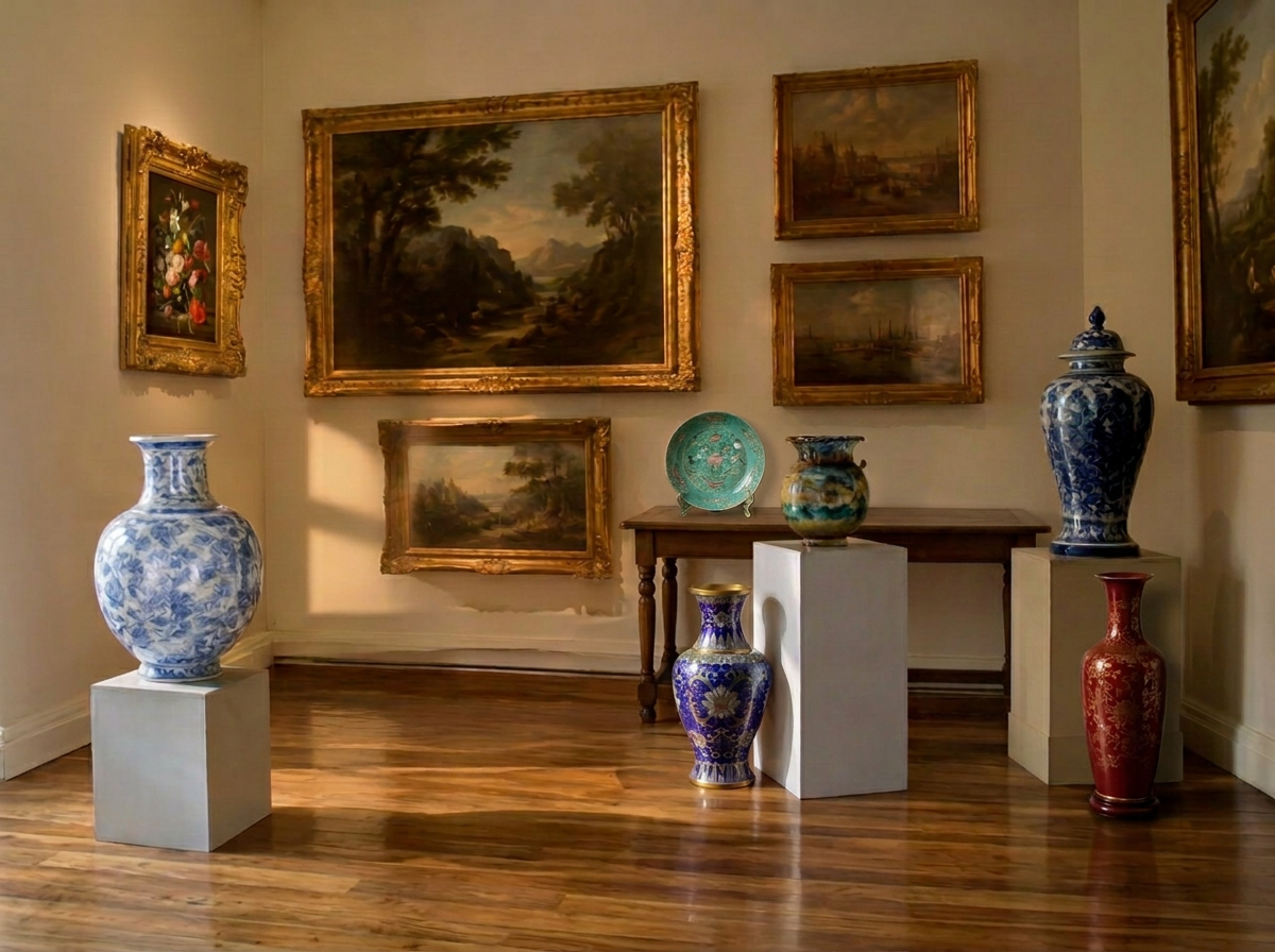 Gallery room with gilt-framed paintings, blue and white porcelain, a cobalt cloisonné vase, and a tall red lacquer floor vase