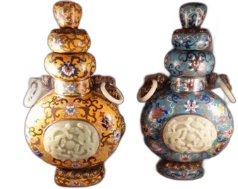Pair of Cloisonne and Jade Moon Vases